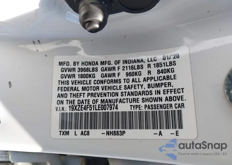 2020 Honda Insight Ex из США, поврежденный, VIN 19XZE4F51LE007974